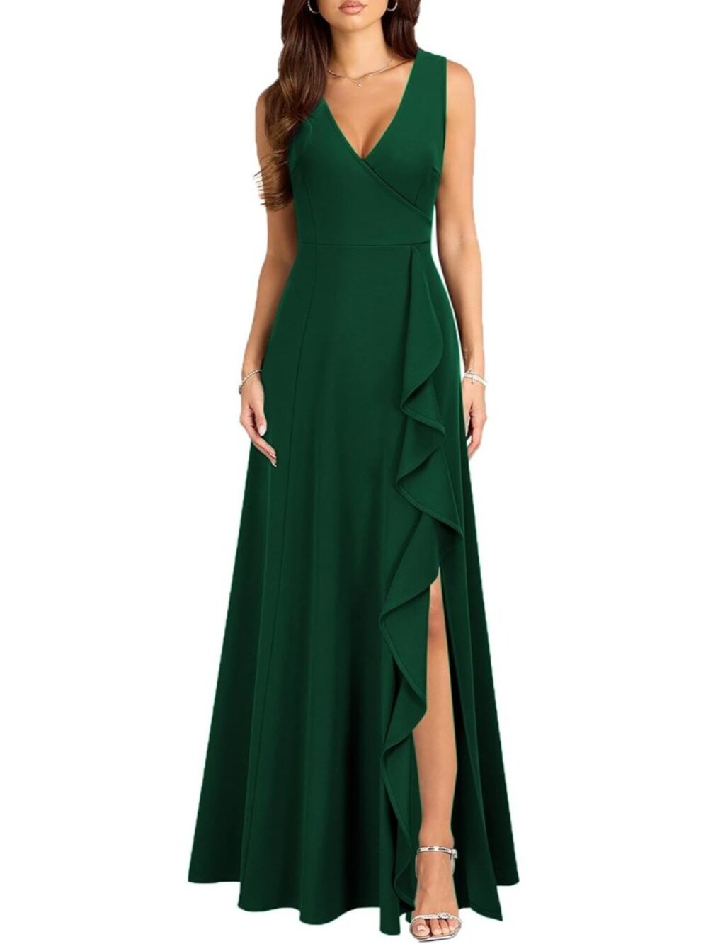 Women's Green V Neck Sexy Split Cocktail With Pockets Ruffle Party Long Dresses